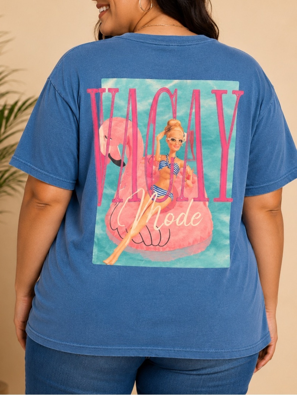 Barbie Blue Graphic Tee with Pink Flamingo Art LARGE